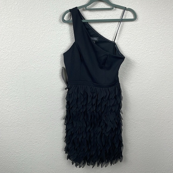 NWT Adrianna Papell Black Chiffon Feather Cocktail Dress One Shoulder Sz 6 - Picture 4 of 14